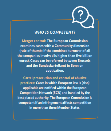 Merger control: European Commission examines cases with a Community dimension (rule of thumb: combined turnover of all the companies involved is higher than five billion euros). Cases can be referred between Brussels and the Bundeskartellamt 